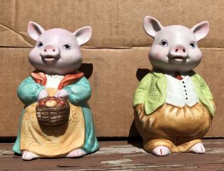 Pair Vintage Lefton Mr & Mrs Piggy Bank Coin Banks Foil Labels Pigs Taiwan