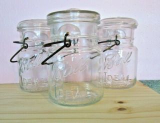 3 Vintage Clear Ball Ideal Pint Jars With Glass Lids Pat Date July 14 1908