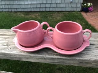 Vintage Pink Fiesta Creamer & Sugar Bowl W Plate