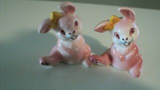 Estate Vintage Pink Bunny Rabbit Salt & Pepper Shakers Yellow Bows Made In Japan