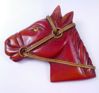 Vtg Carved & Painted Bakelite Horse Head Brooch Pin 1940s