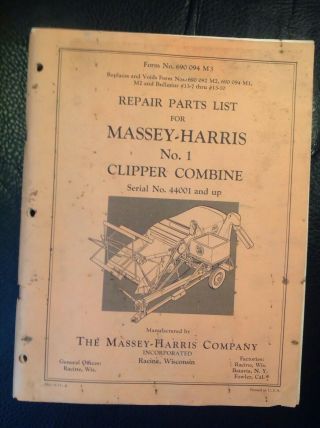 Rare,  Vintage Massey Harris Number 1 Clipper Combine Illsutrated Parts List