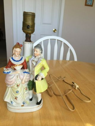 Vintage Hand Painted Porcelain Colonial Couple Table Lamp By Sandrea