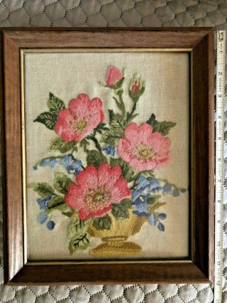 Vintage Framed Floral Embroidered/crewel Wall Hanging