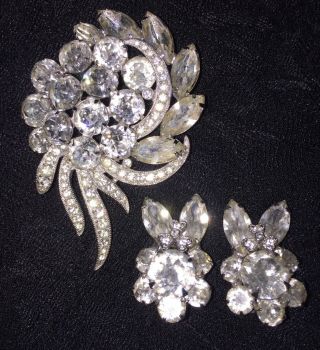 Vintage High End Signed Eisenberg Ice Clear Rhinestone Matching Pin & Earrings