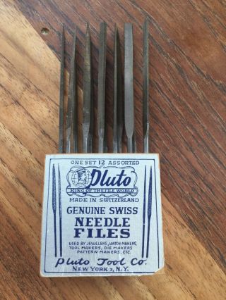 Vintage Pluto Swiss Needle Files Set Of 12 With Wood Holder.  Extra