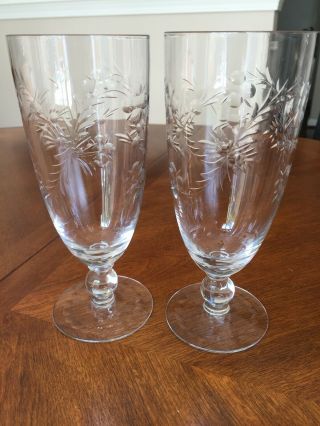 Two (2) Vintage Crystal Etched Footed Water / Iced Tea Goblets 6 3/4 "