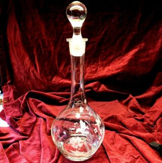 ⭐vintage Glass Wine Decanter With Floral Etching And Stopper 15”⭐