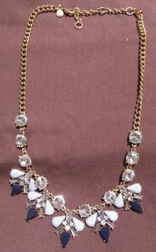 Vintage J Crew Signed Statement Necklace Gold Tone Blue Resin Clear Rhinestones