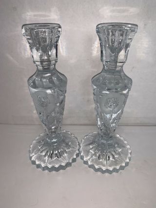 Vintage Set Of 2 Heavy Clear Glass Candleholders With Etched Roses 7 3/4”