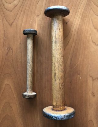 Set Of 2 Different Sizes Vintage Industrial Wooden Spools Bobbins 10” & 7” Tall