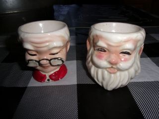 2 Vintage 1956 Kreiss Mr And Mrs Santa Claus Egg Cups Mcm 1950 