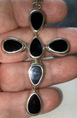 Vintage Black Onyx And Sterling Silver Cross Pendant - 3” X 1 3/4” Estate