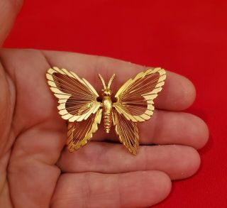 Vintage Signed Monet Gold Tone Butterfly Brooch Pin W/ Wire Wings Euc