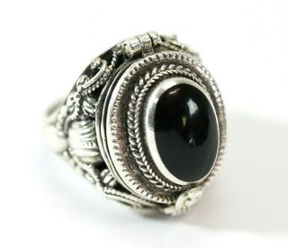 925 Sterling Silver,  Onyx Poison/pill Box Vintage - Style Ring: Size 7,  13.  9 Grams