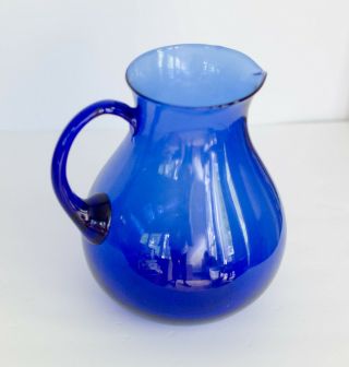 Large Vintage Cobalt Blue Art Glass Hand Blown Pitcher 9.  5 " French Farmhouse