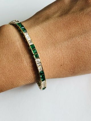 Vtg.  925 Gold Over Sterling Silver Green & Clear Glass Rhinestones Bracelet