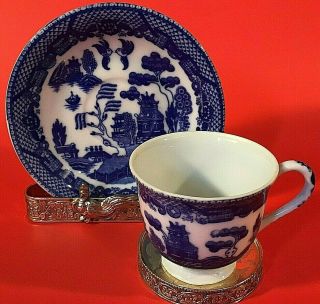 Vintage Demitasse Cup & Saucer Blue & White Asian Theme Maruta Occupied Japan