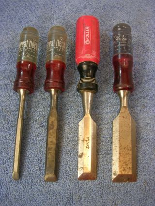 4 Pc Mixed Set Of Vtg Wood Chisels 1/4,  1/2,  3/4,  1,  Great Neck Usa,  Fuller,