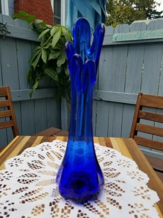 Vintage Blue Stretched Glass 5 Finger Bud Vase 11 "