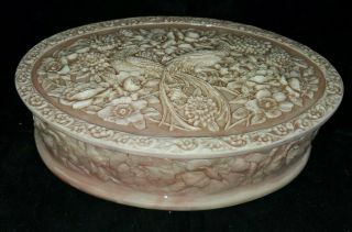 Vintage Large Birds Hinged Lid Jewelry Dresser Box Incolay Stone Pink White