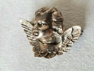 Vintage Sterling Silver Repousse Cherub Angel 3D Brooch Pin 3