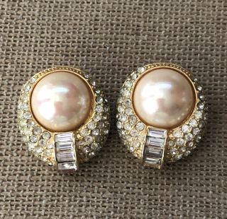 Vintage Christian Dior Gold Tone Faux Pearl Clip On Earrings Signed