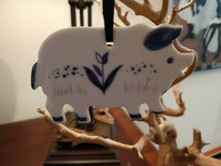 Vtg Russ Berrie Porcelain Delft Blue White Pig Floral Ornament Ribbon