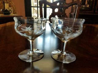 2 Vintage Champagne Cocktail Coupes.  7 Ounces Pointy Floral Design Wide Optic