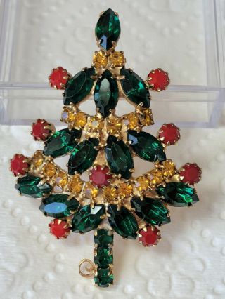 212 Wow Vintage Christmas Tree Pin,  Green Marquise Rhinestones,  Prong Set
