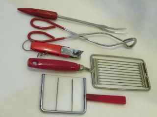 5 Vintage Retro Red Handled Kitchen Utensils (bakelite/wood/metal)