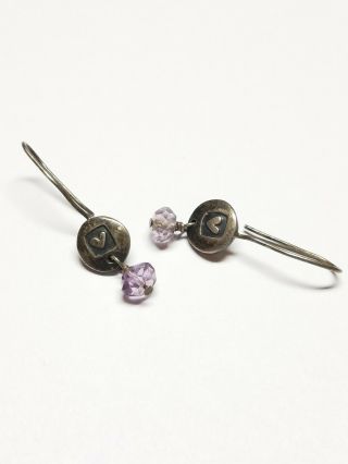 Vintage Signed Ff Sterling Silver Heart Purple Crystal Dangle Earrings