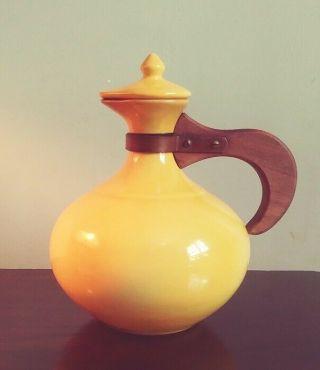 Vintage Franciscan Ware Yellow Ceramic Coffee Jug Pitcher With Cap Wood Handle