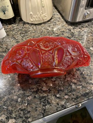 Vintage L E Smith Red Carnival Glass Banana Bowl W/ Orig Sticker - 2
