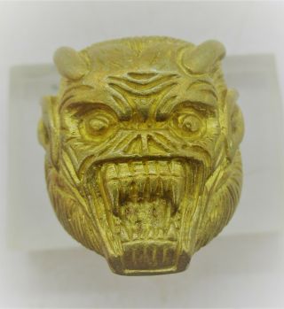 Vintage Near Eastern Gold Gilded Ring With Beast Head Bezel