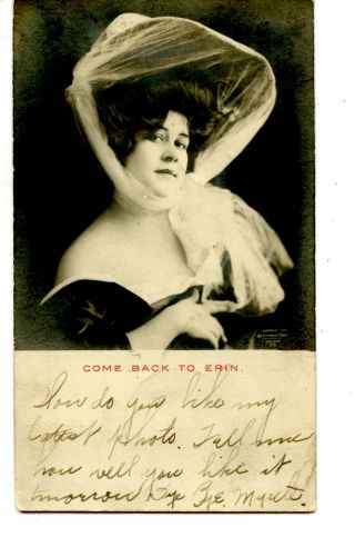 Come Back To Erin - Pretty Young Lady - Large Hat - Rppc - Vintage Real Photo Postcard