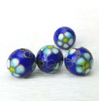 Vintage Dark Bright Blue Aqua Blue Flower Cloisonne Chinese Enamel 13mm 4 Beads