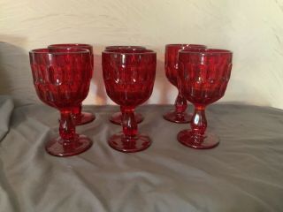 Vintage Fenton Set Of 6 Ruby Red Thumbprint Water Goblets Heavy Glassware