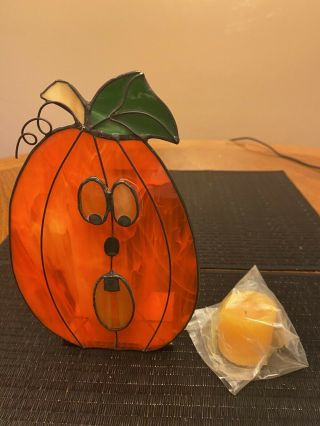 Stained Glass Suncatcher Pumpkin Jack O Lantern Halloween Candle Holder 2