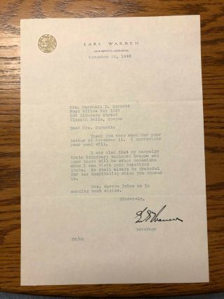 Vintage 11 - 22 - 48 Letter Signed By California Governor Earl Warren