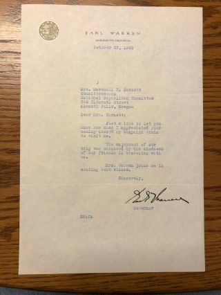 Vintage 10 - 22 - 48 Letter Signed By California Governor Earl Warren