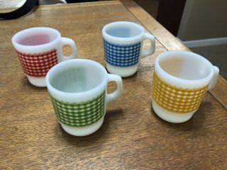 Set Of 4 Vintage Fire King Coffee Cup Mugs Gingham Red Green Blue Orange