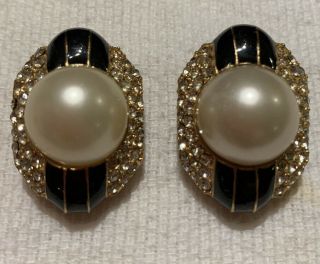 Vintage Art Deco Style Black Enamel Clear Rhinestone And Faux Pearl Clip Earring