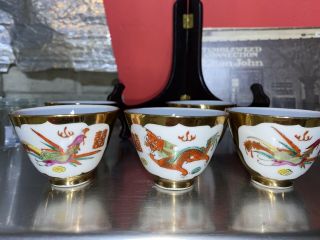 5 Vintage Chinese Zhongguo Jingdezhen Ceramic Sake Dragon / Phoenix Design Gold