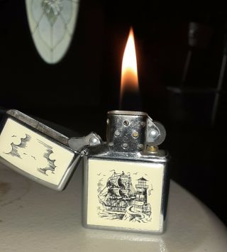 Zippo Vintage Lighter Scrimshaw With Ship And Lighthouse