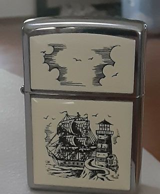 Zippo vintage lighter Scrimshaw With Ship And Lighthouse 2
