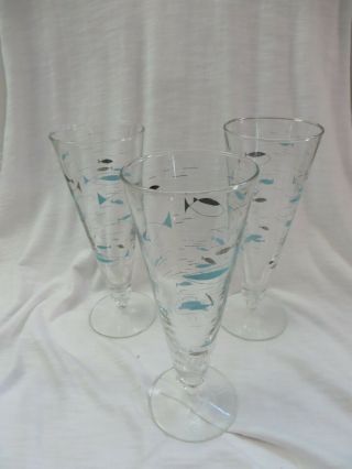 Set Of 3 Vintage Mid Century Modern Libbey Atomic Fish Pilsner Beer Glasses