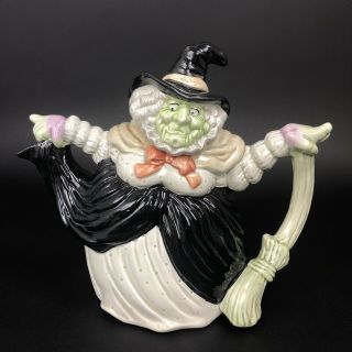 Vintage 1988 Collectible Fitz And Floyd 42 Oz Halloween Witch With Broom Teapot