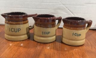Vintage Brown Drip Glaze Crock Pottery Stoneware Measuring Cup Set Of 3