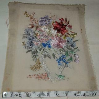 Antique Vintage Hand Embroidered Silk Panel 13 " X 11 " Vase Of Flowers 1930s
